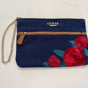 GUESS Blue Denim Clutch with Red Floral Design